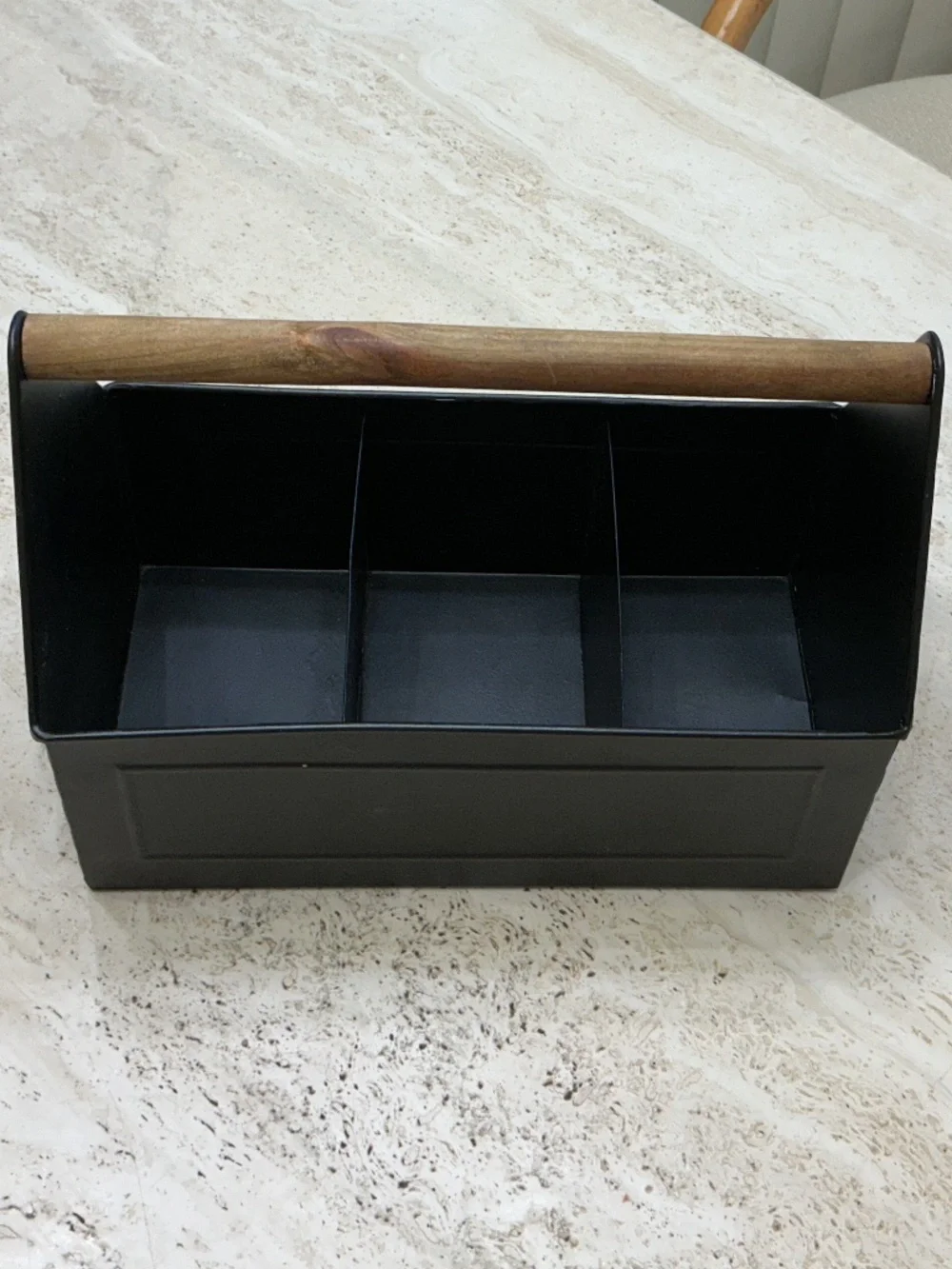 Black Metal Utility Storage Caddy With Wooden Cylinder Handle